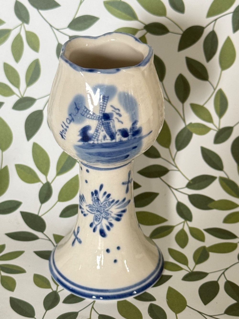 BUNDLE 4 PIECE VINTAGE DELFTWARE Tulip Shape Candlestick, Mini Vase, 2 Egg Cups